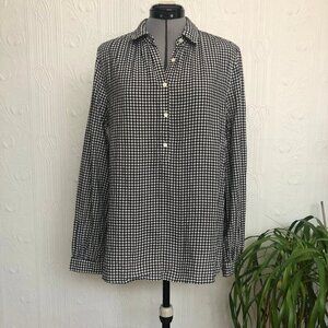 Gingham black and white pop over shirt gathered neckline by J Crew size 10 TALL